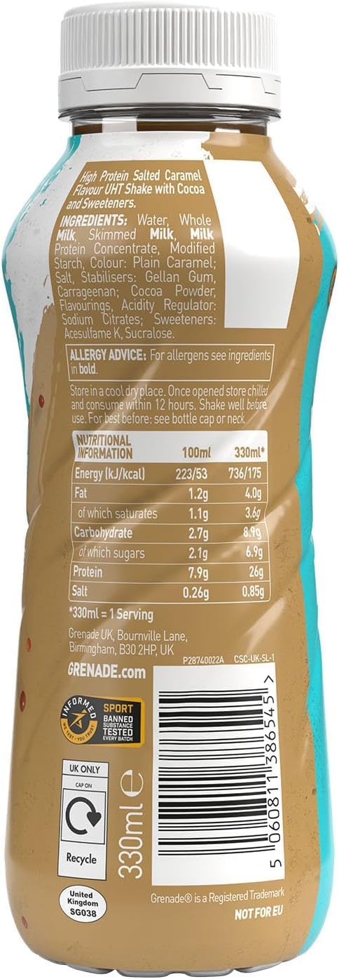 Grenade Protein Shake – Chocolate Salted Caramel | 25g Protein | Low Sugar | 330ml | Ready-to-Drink High Protein Shake for Muscle Recovery & Energy Boost