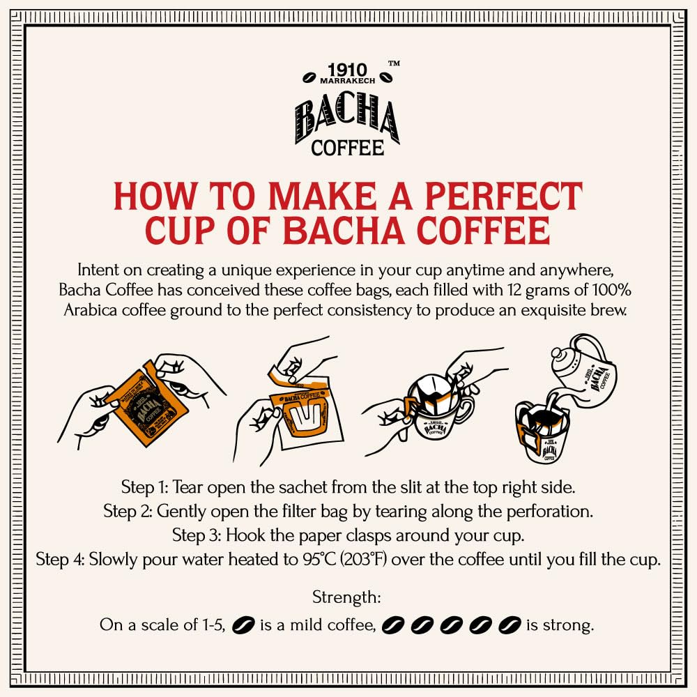 Bacha Coffee King of Africa – 100% Arabica Drip Bags | 12 Sachets x 12g | Premium Flavoured Ground Coffee – 144g