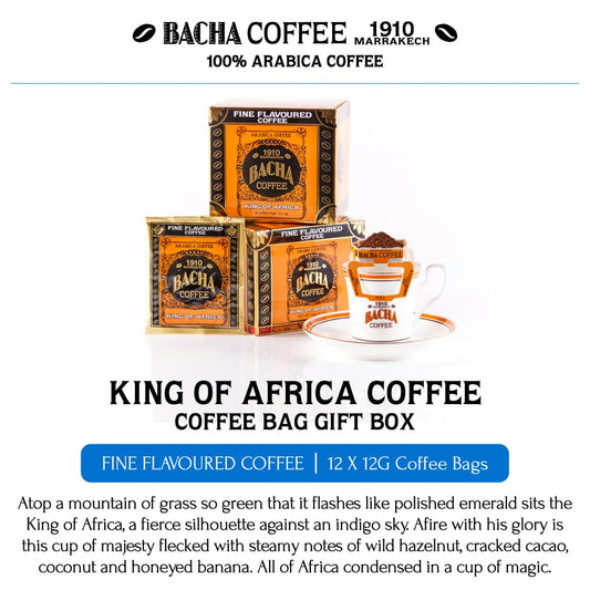 Bacha Coffee King of Africa – 100% Arabica Drip Bags | 12 Sachets x 12g | Premium Flavoured Ground Coffee – 144g