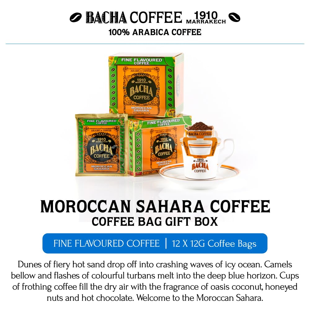 Bacha Coffee Moroccan Sahara – 100% Arabica Drip Coffee Bags Giftbox (12 Bags, 144g