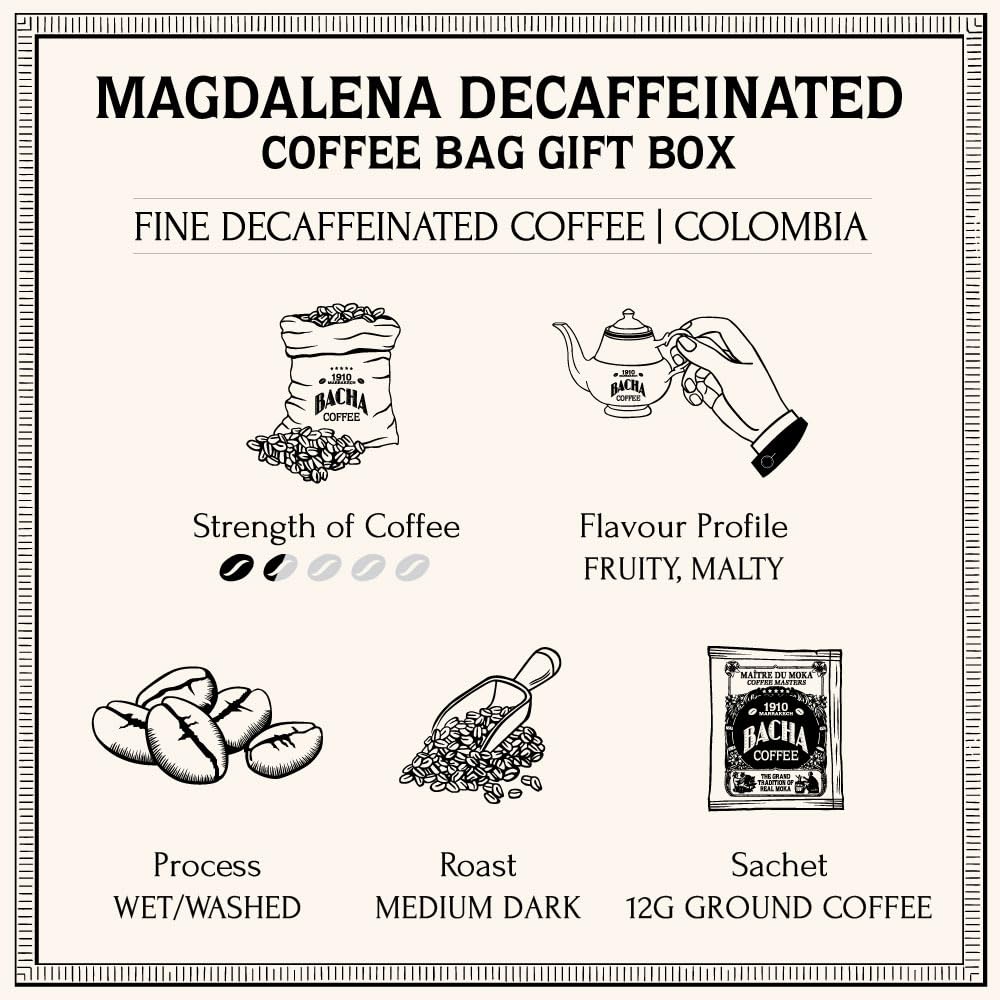 Bacha Magdalena Decaf Colombian Coffee – 12 Luxury Arabica Bags, Rich & Smooth Flavour, 144g Gift Box