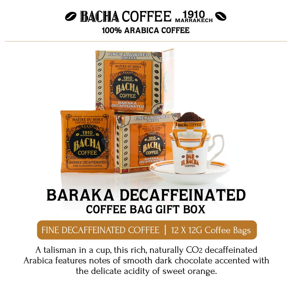 Bacha Coffee Baraka Decaffeinated – Fine Flavoured Arabica with Dark Chocolate & Orange Notes | 12 Coffee Bags