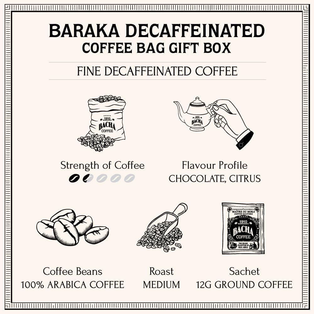 Bacha Coffee Baraka Decaffeinated – Fine Flavoured Arabica with Dark Chocolate & Orange Notes | 12 Coffee Bags