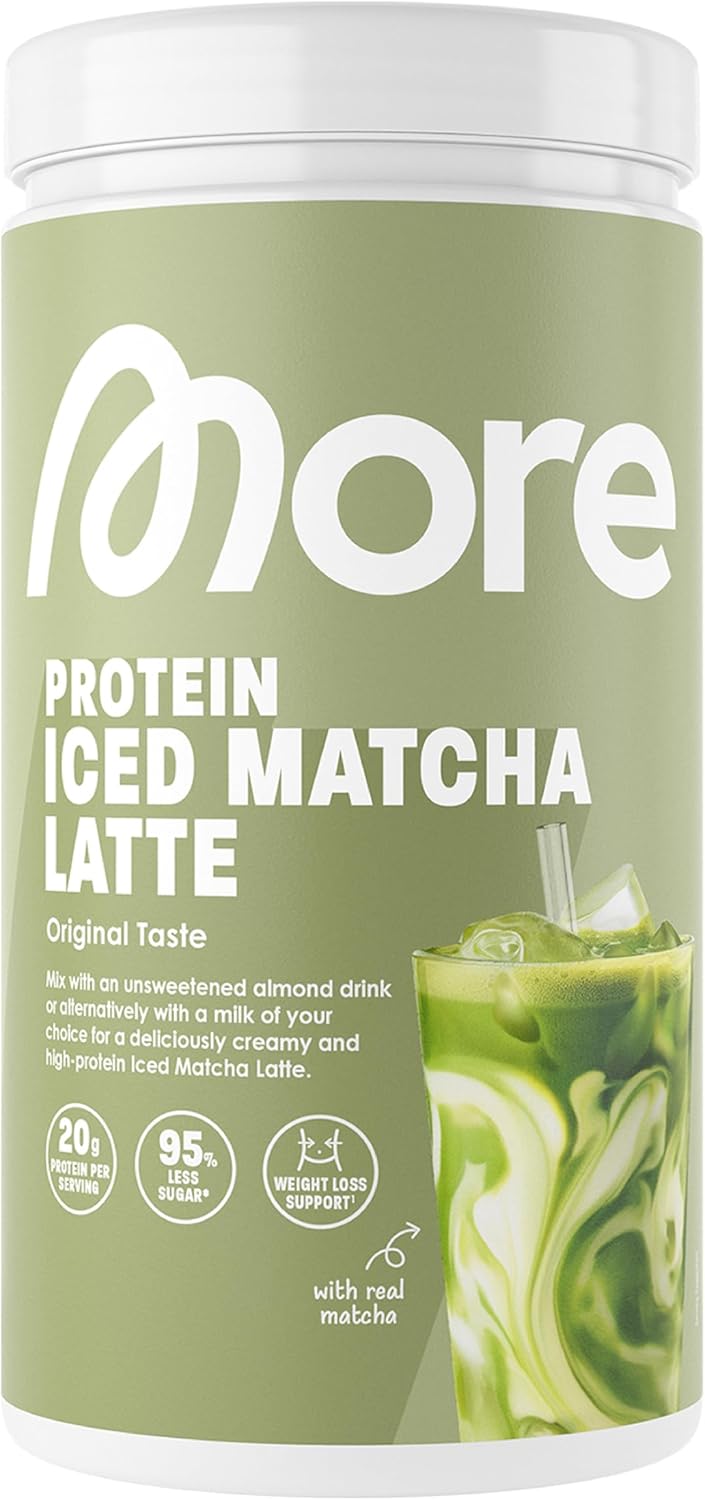 MORE Protein Iced Matcha Latte, 300 g, Matcha Green Tea Powder with Valuable Proteins, Low Sugar and Fat, Made in Germany