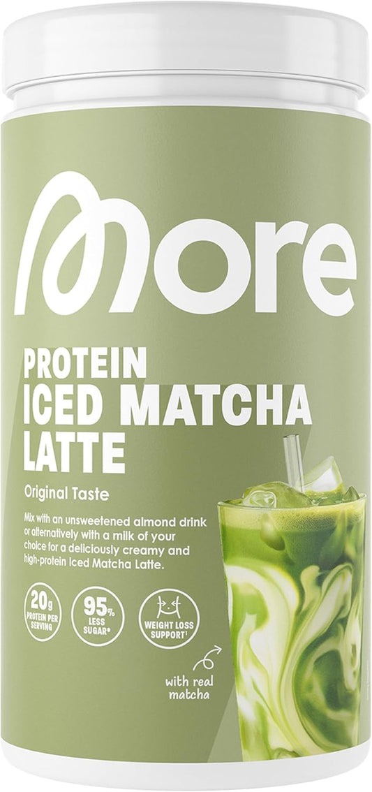 MORE Protein Iced Matcha Latte, 300 g, Matcha Green Tea Powder with Valuable Proteins, Low Sugar and Fat, Made in Germany