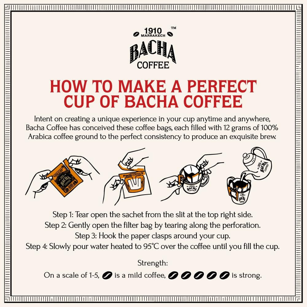 Bacha Coffee 1910 Fine Flavoured, 100% Arabica Beans, Medium Roast, 12 Individually Wrapped Single Serve Filter Bags