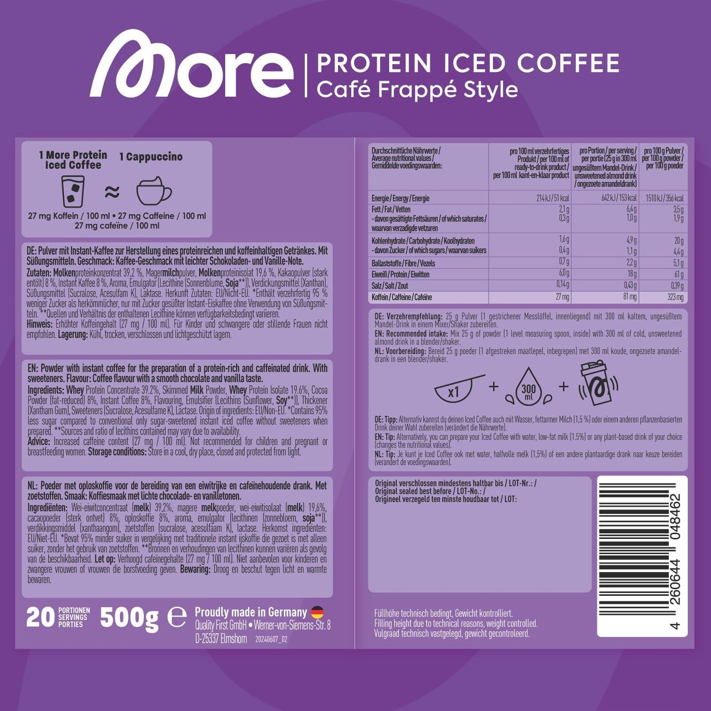 MORE Protein Iced Coffee – Café Frappé Style | High Protein Low Sugar Coffee Drink | Made in Germany 300g