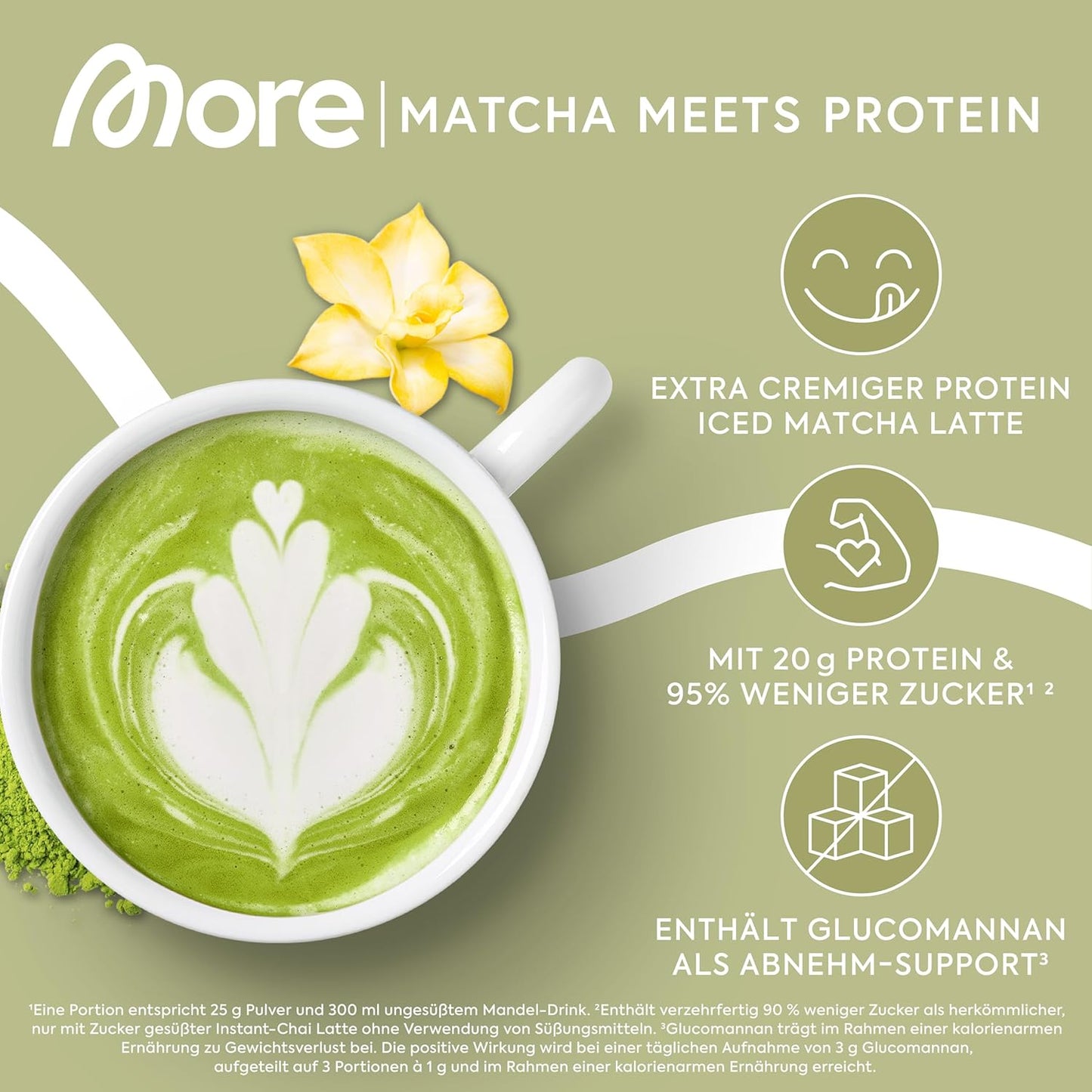 MORE Protein Iced Matcha Latte, 300 g, Matcha Green Tea Powder with Valuable Proteins, Low Sugar and Fat, Made in Germany