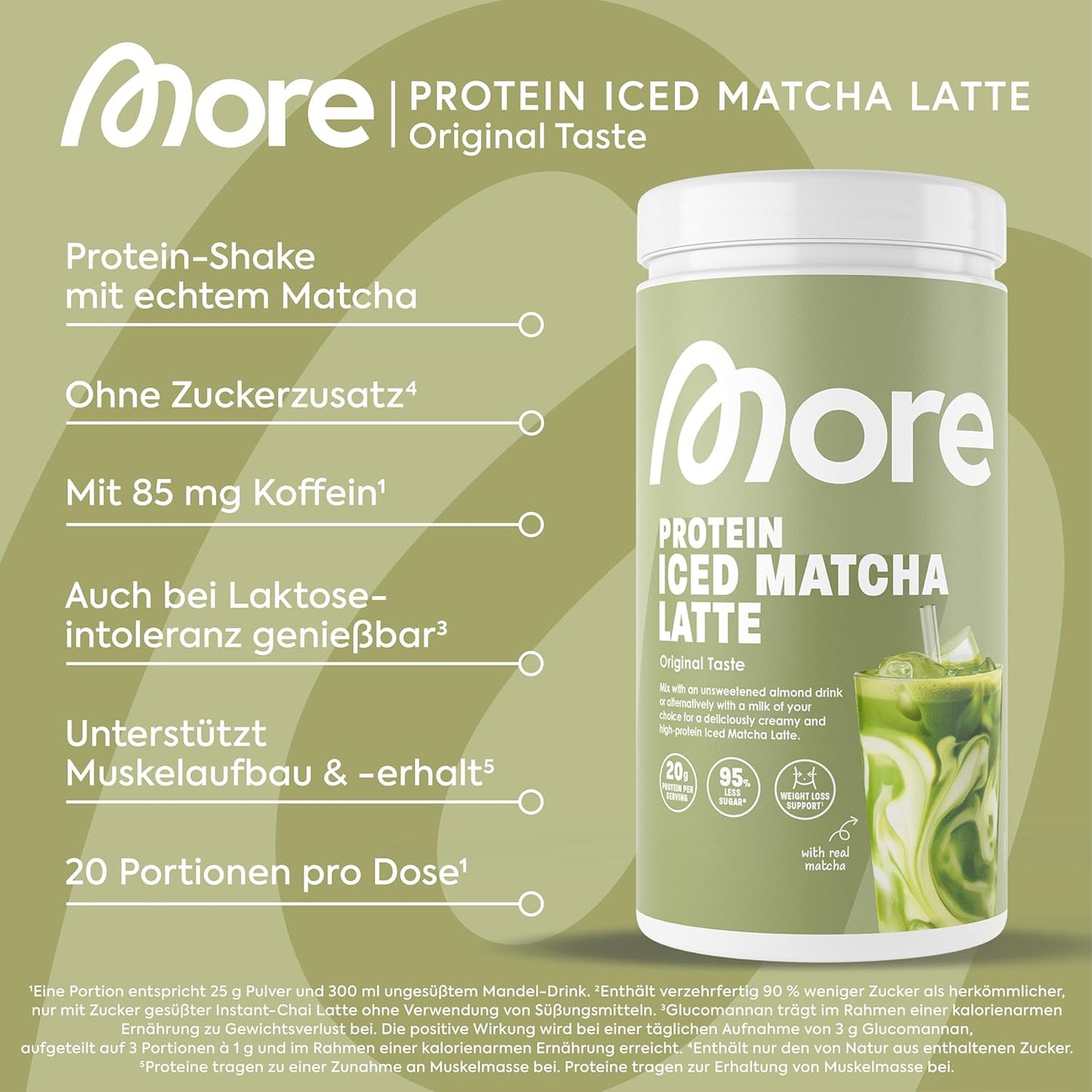 MORE Protein Iced Matcha Latte, 300 g, Matcha Green Tea Powder with Valuable Proteins, Low Sugar and Fat, Made in Germany
