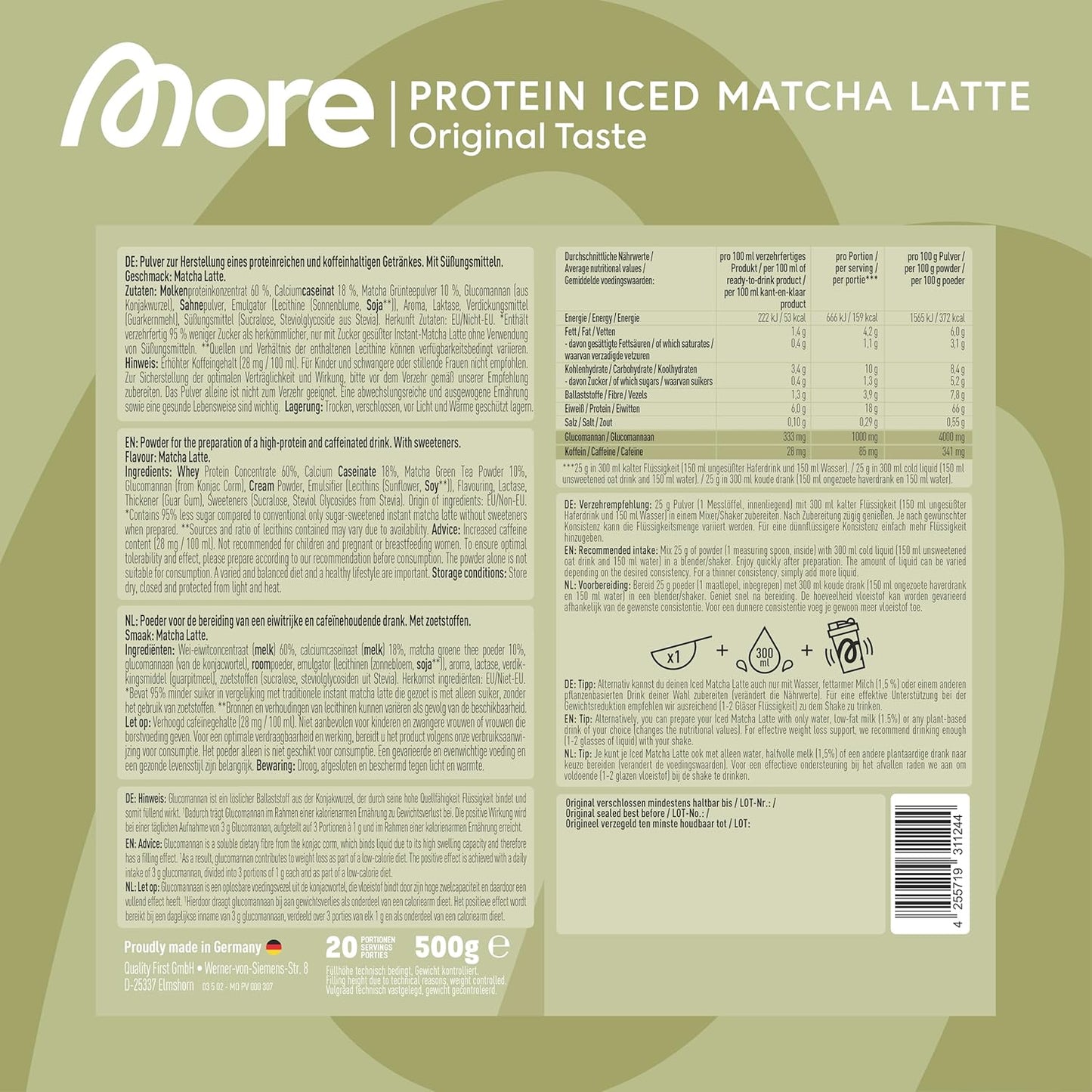 MORE Protein Iced Matcha Latte, 300 g, Matcha Green Tea Powder with Valuable Proteins, Low Sugar and Fat, Made in Germany