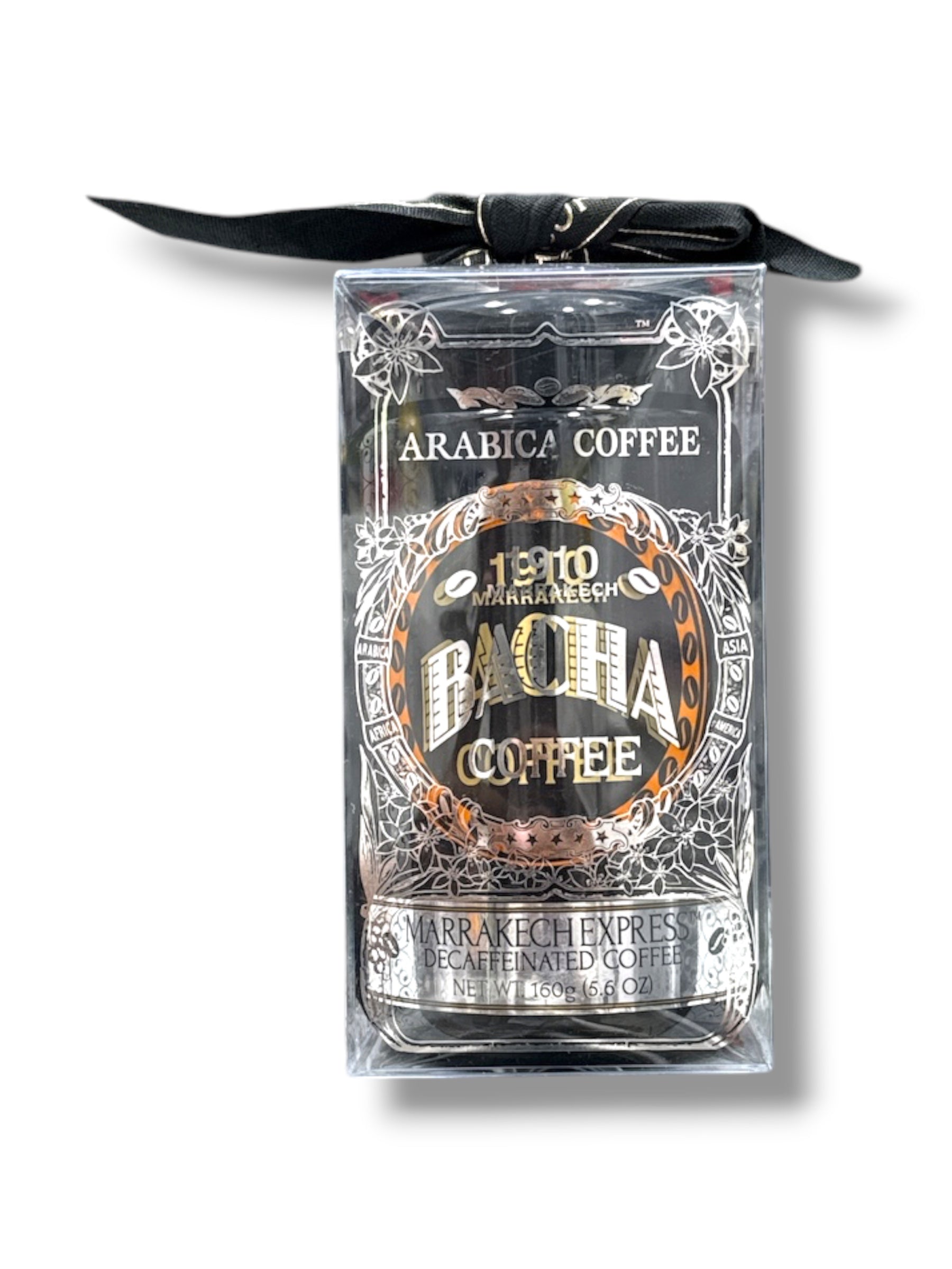 Bacha Coffee Marrakech Express decaffeinated coffee jar 160g with wax seal and ribbon.