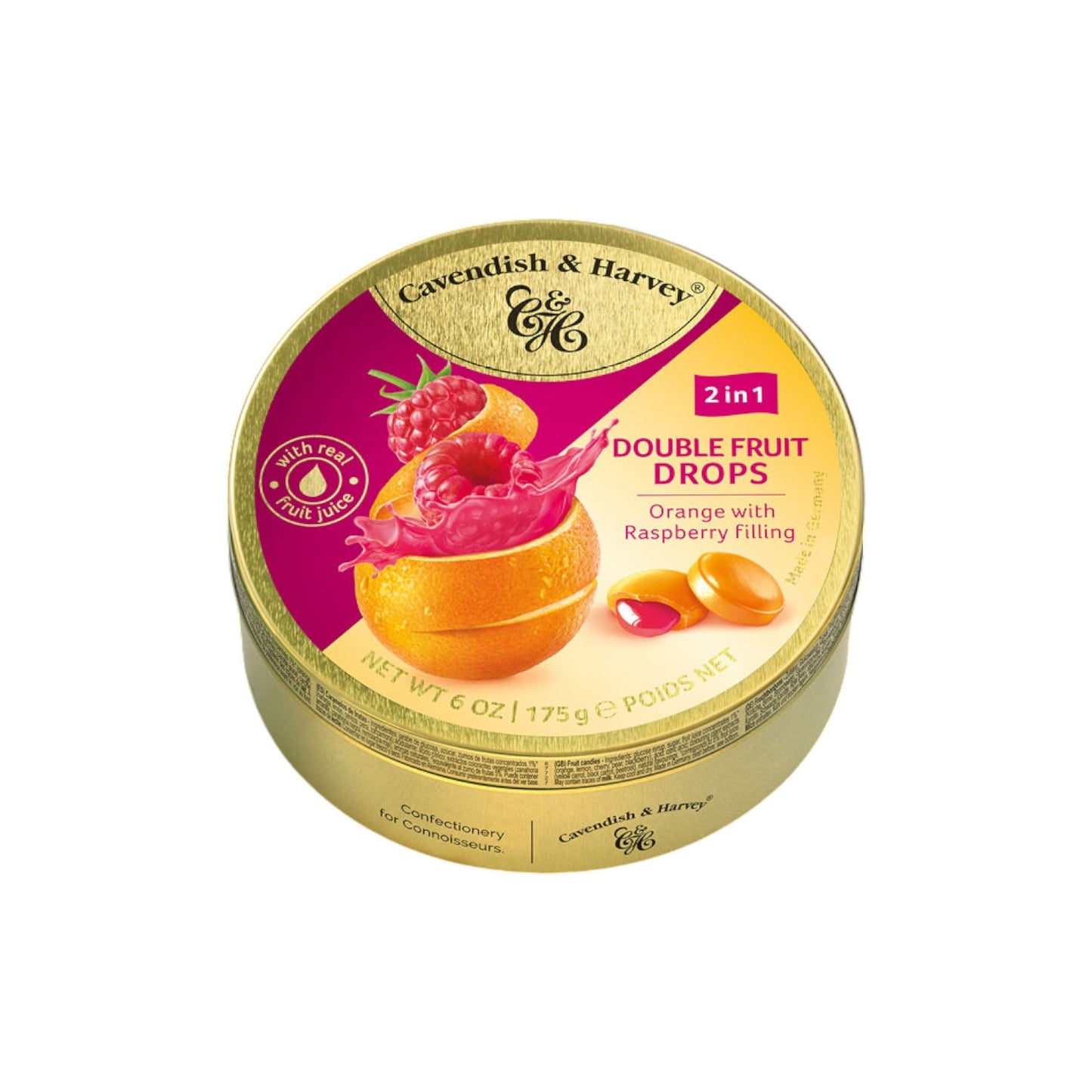 Cavendish & Harvey Double Fruit Drops – Orange with Raspberry Filling, 175g