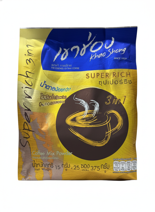 Khao Shong 3‑in‑1 Super Rich Coffee Mix Powder 25 Sticks (15 g Each) – Low Fat Instant Thai Coffee