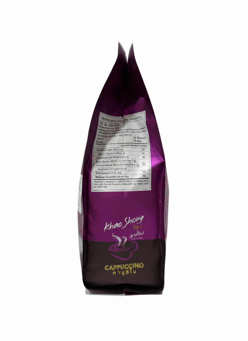 Khao Shong 3in1 Cappuccino Coffee Mix Powder 25 Sticks (16.3 g Each) – Low Fat, Thai Instant Coffee Drink