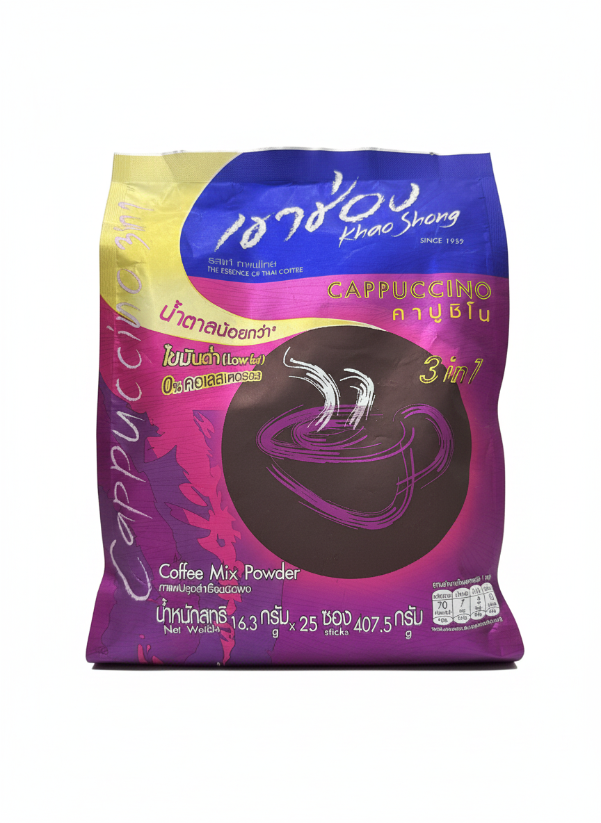 Khao Shong 3in1 Cappuccino Coffee Mix Powder 25 Sticks (16.3 g Each) – Low Fat, Thai Instant Coffee Drink
