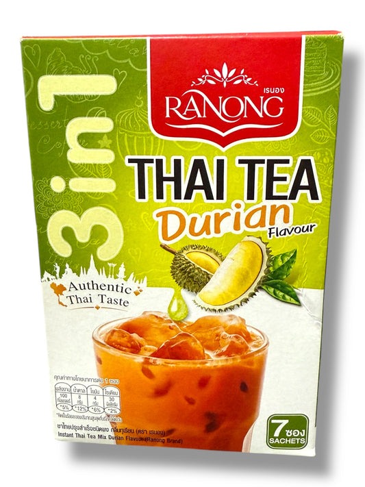 Ranong 3-in-1 Thai Tea Durian Flavour – Instant Thai Milk Tea Mix, Hot or Iced, Authentic Thai Taste, 7 Sachets x 20g