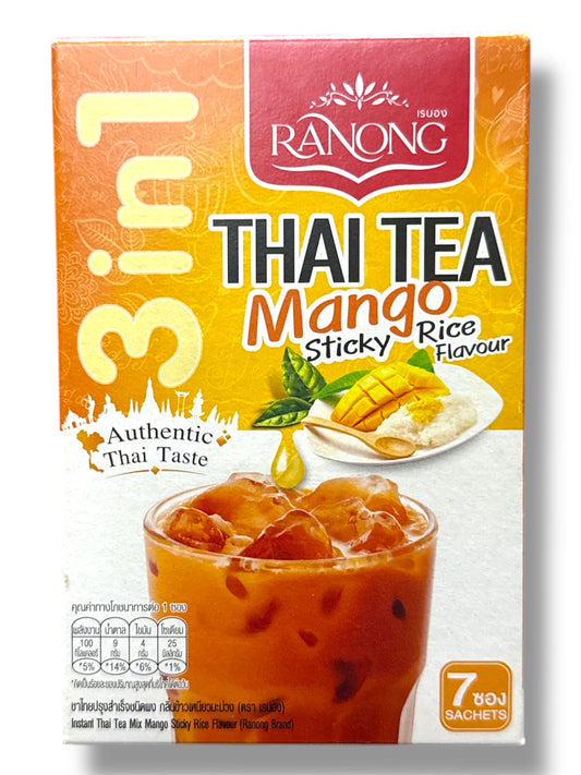 Ranong 3-in-1 Thai Tea Mango Sticky Rice Flavour – Instant Thai Milk Tea Mix, Authentic Thai Taste, Iced/Hot, 7 Sachets x 20g
