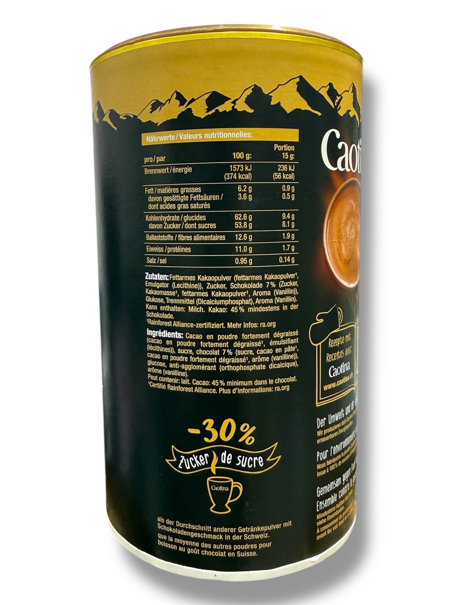 Caotina Noir Swiss Dark Chocolate Drink Powder – Rich Cocoa, Vegan, Low Sugar – 500g