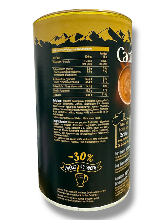 Caotina Noir Swiss Dark Chocolate Drink Powder – Rich Cocoa, Vegan, Low Sugar – 500g