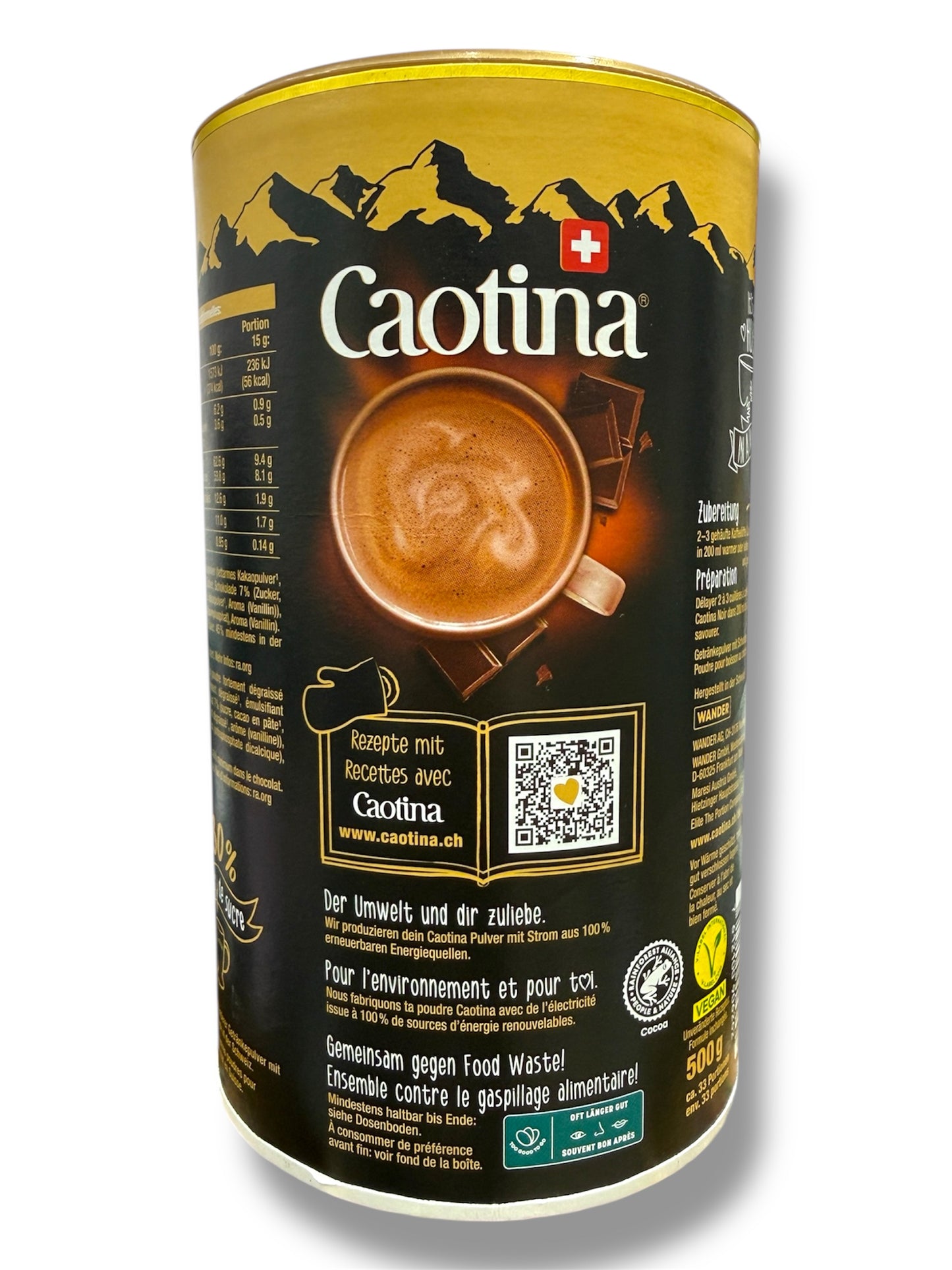 Caotina Noir Swiss Dark Chocolate Drink Powder – Rich Cocoa, Vegan, Low Sugar – 500g