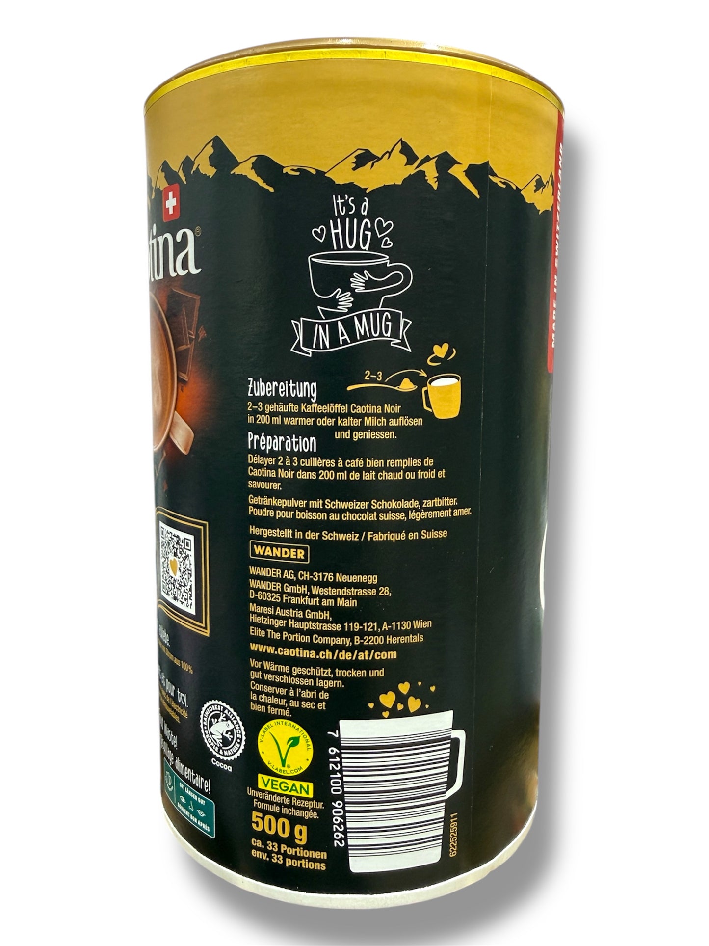 Caotina Noir Swiss Dark Chocolate Drink Powder – Rich Cocoa, Vegan, Low Sugar – 500g