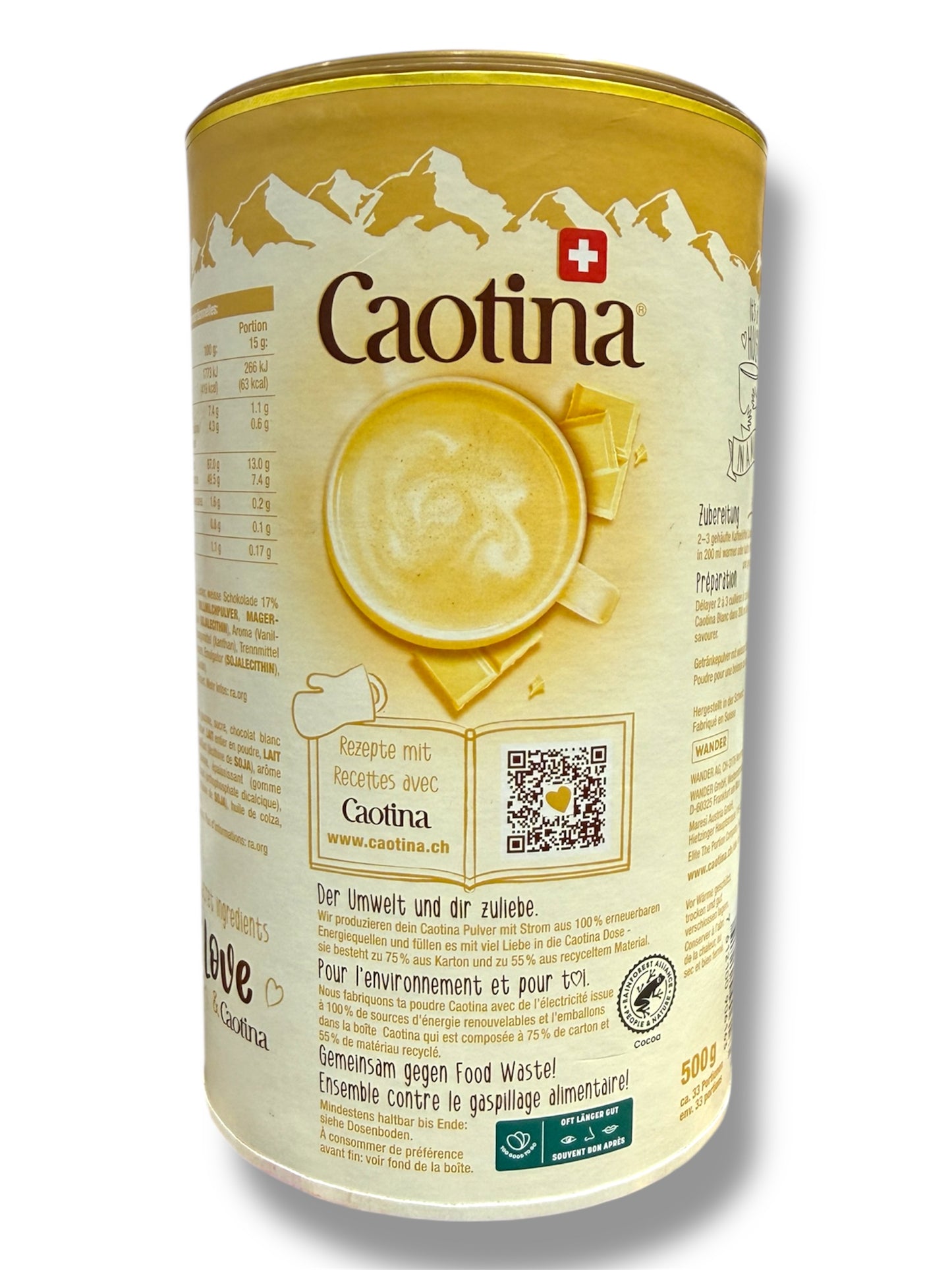 Caotina Blanc Swiss White Chocolate Drink Powder – Premium Creamy Hot & Cold Beverage (500g)