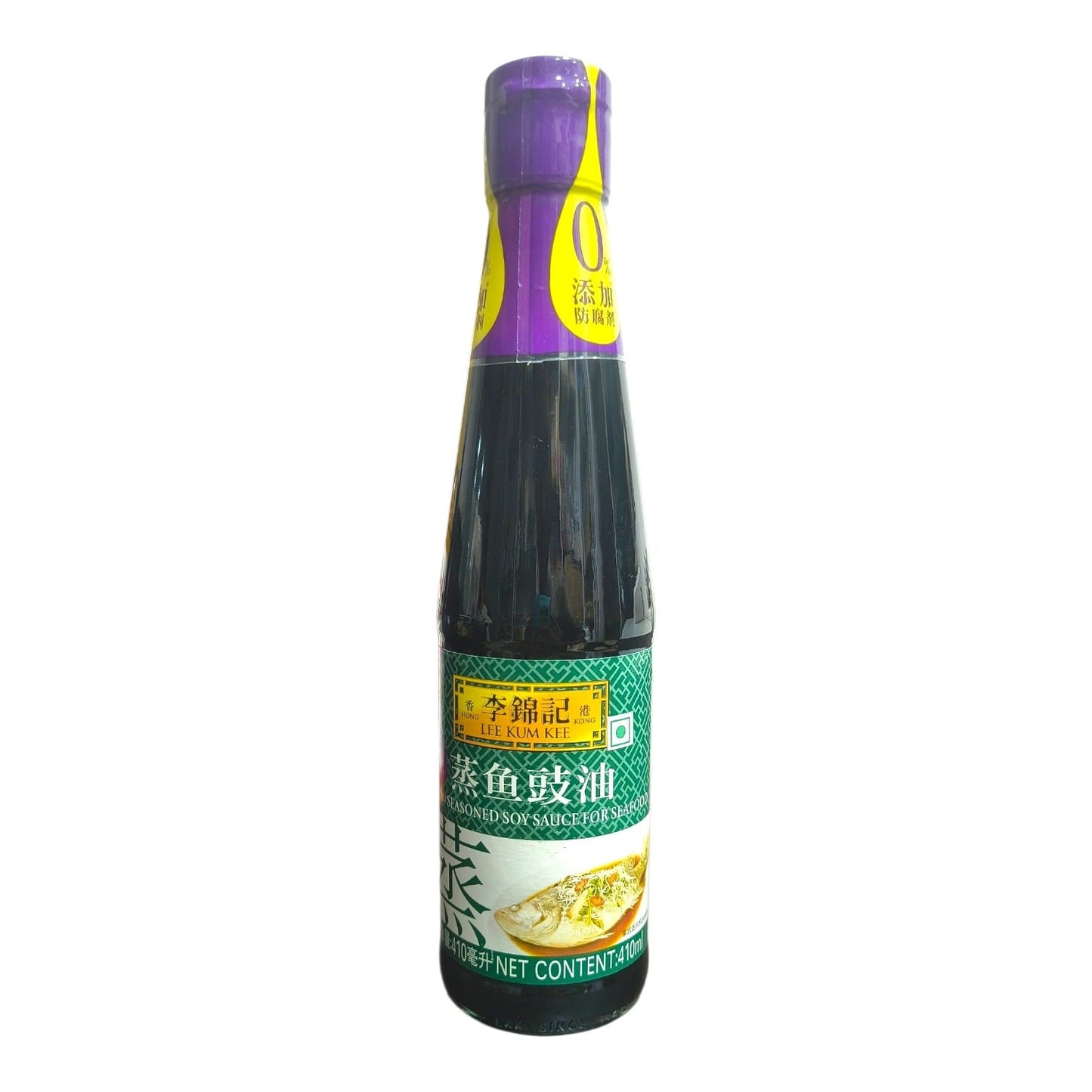 Lee Kum Kee Seasoned Soy Sauce for Seafood (蒸鱼豉油), 410ml, 0% added preservatives.